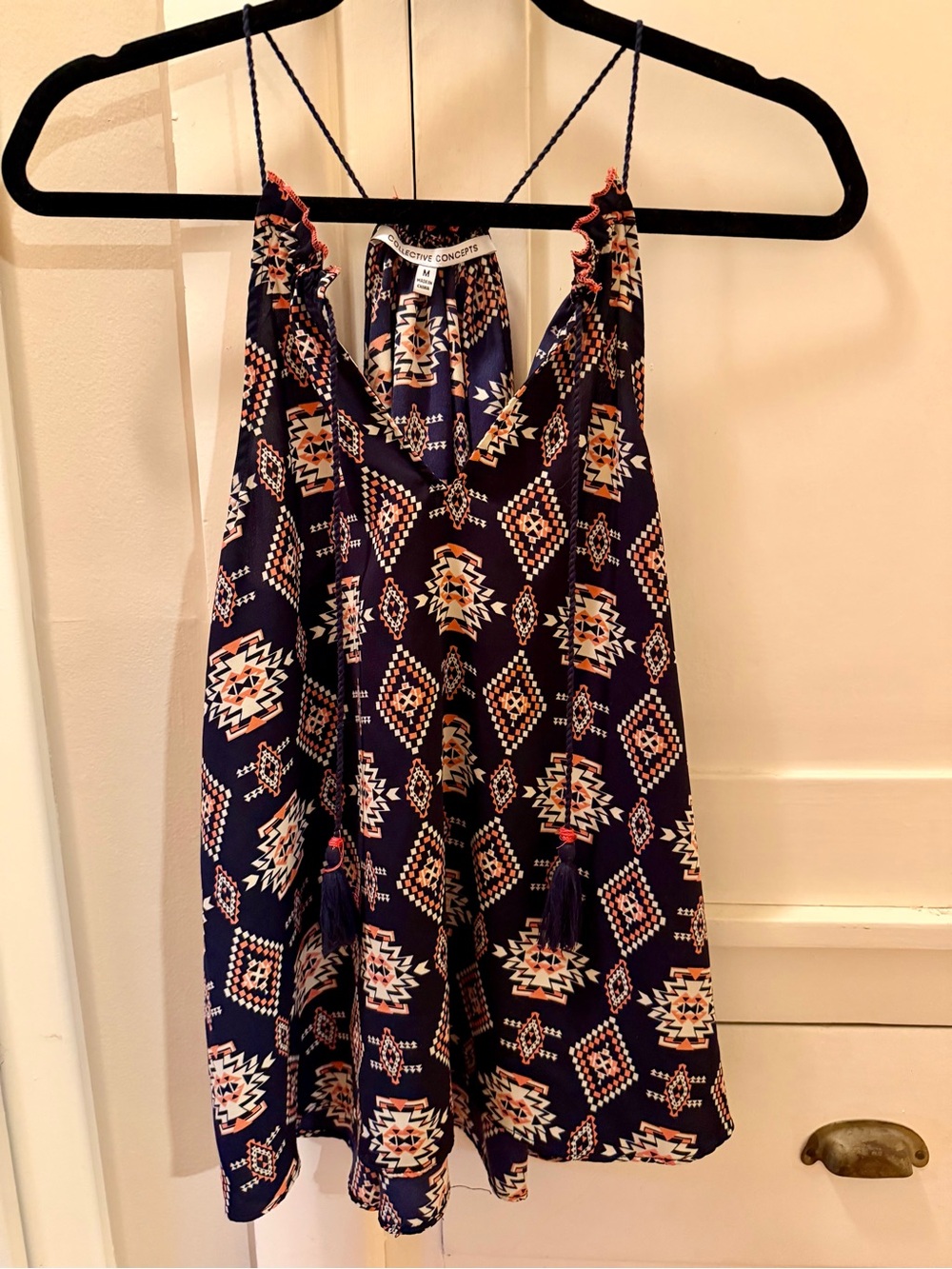 Collective Concepts Geometric Tassel Tunic Top Navy M
